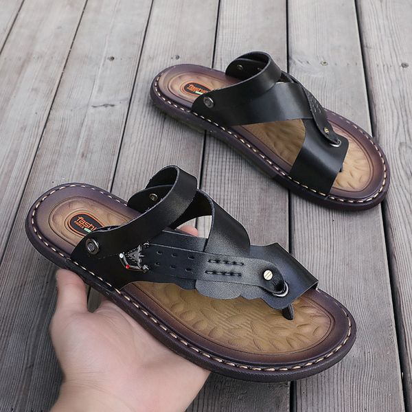 

cimim big size mens sandals summer leather gladiator sandals for men breathable casual men slippers beach, Black