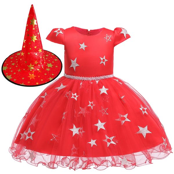 

2019 halloween costume party girls dresses all saints day little girls cosplay stars dresses with witch hats, White