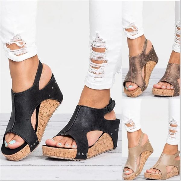 

Peep Toe Сандалии Рекламные Peep Toe PU Блокировка Крюк-петля Сандалии на танкетке Повсед