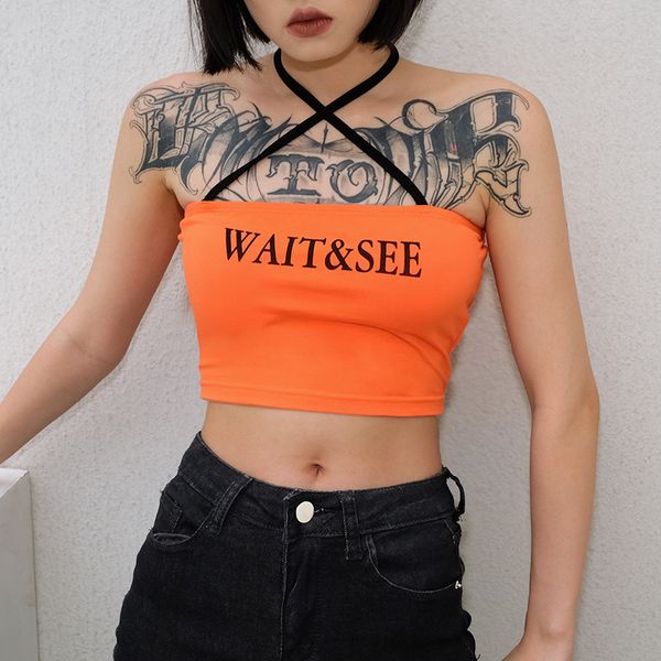 

summer 2020 women tank sleeveless skinny slim crop streetwear backless cross bandage spaghetti strap halter top, White