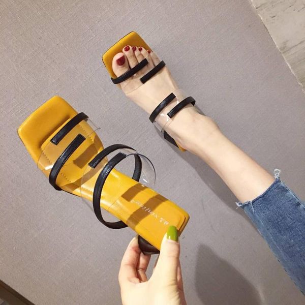 

square heel shoes woman 2020 transparent slippers med slipers women block summer new slides basic hoof heels fabric rubber pu, Black