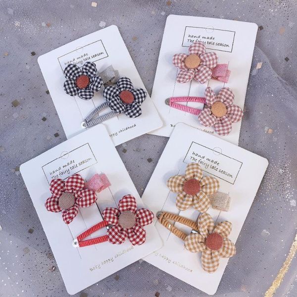 

korea handmade cloth fabric cartoon plaid flower bb hairpins hair clips children girl kids head wear set accessories-swc5, Slivery;white