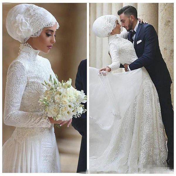 

2019 Modest Arabic Dubai Lace Wedding Dresses With High Neck Long Sleeves Lace Appliques Floor Length Muslim Wedding Dress Vestidos De Novia