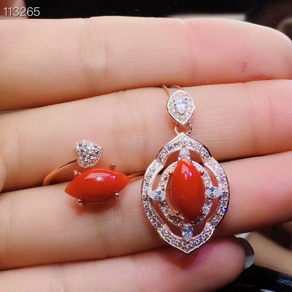 

meibapj natural red coral jewelry set 925 sterling silver ring pendant necklace 2 piece suits fine wedding jewelry for women, Black