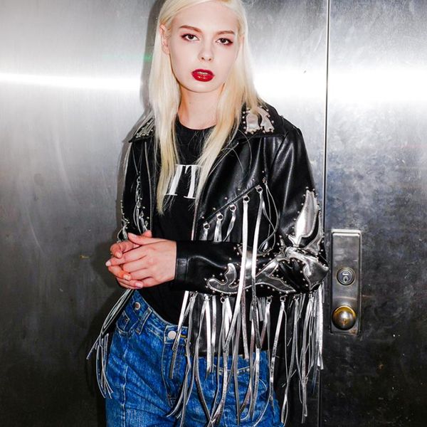 

fashion women punk style tassel faux leather pu jackets coats autumn new long sleeve vintage rivet short female coats, Black