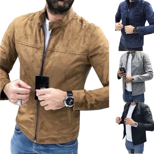 

laamei men's deerskin lapel jacket 2019 new autumn casual fashion long sleeve zipper solid color coat comfortable jacket, Black;brown