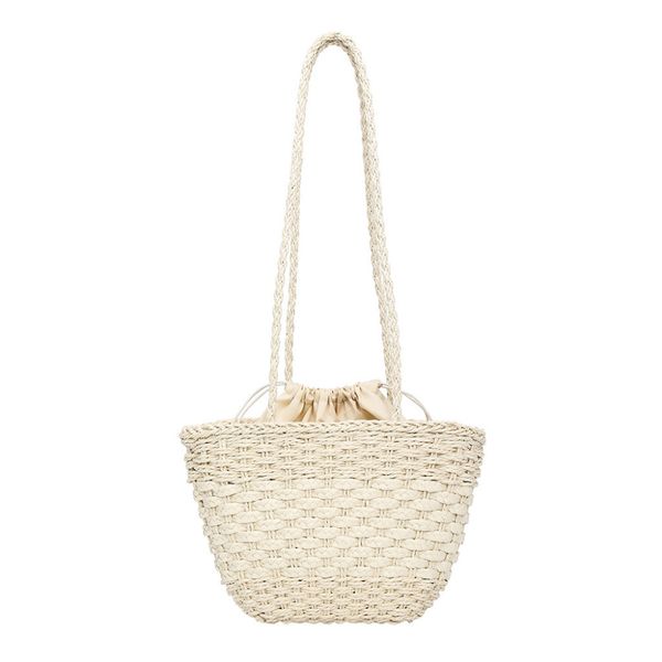 

straw woven beach bag summer shoulder bag women drawstring straw woven handmade bags solid color casual hollow handbags #15