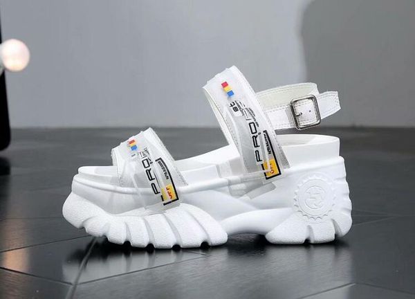 

luxury new womens wedges lucency sponge cake high heel 8cm flange sandals summer female buckle strap white shoes sz35-39, Black