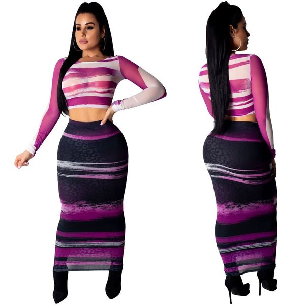 

2019 new women's fashion print long-sleeved mesh two-piece, White