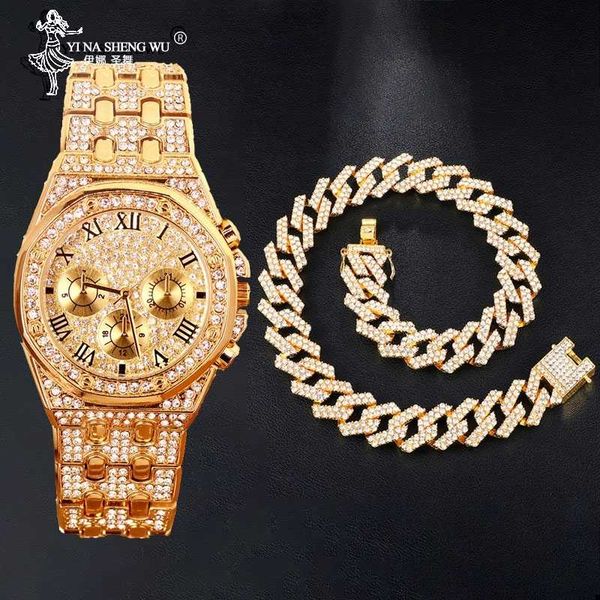 

hip hop necklaces & watch combite set gold color heavy full iced out paved rhinestones cuban chain cz bling men rapper jewelry, Silver