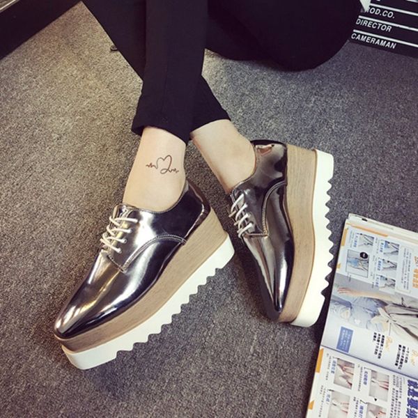 

dropshiping spring casual solid women flat shoes patent leather lace-up loafers flat platforms british style ladies oxfords, Black