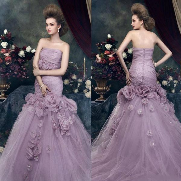 

gothic mermaid wedding dresses strapless flowers beaded garden vintage wedding dress sweep train country bridal gowns, White