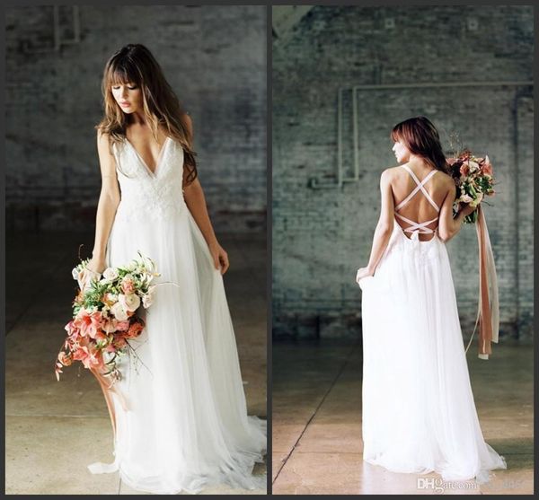 

2018 new boho wedding dress chiffon lace with spaghetti straps cross back beach wedding dresses vestido de noiva 593, White