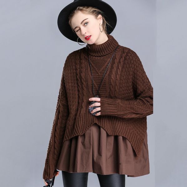 

lanmrem 2019 поддельные двухсекционный свитер женщин зима женщин новый шею с длинными рукавами сплошной цвет пуловер свитер pc234, White;black