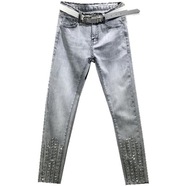 

rhinestone beaded skinny jeans women 2019 summer new high waist ankle length pencil jeans, Blue