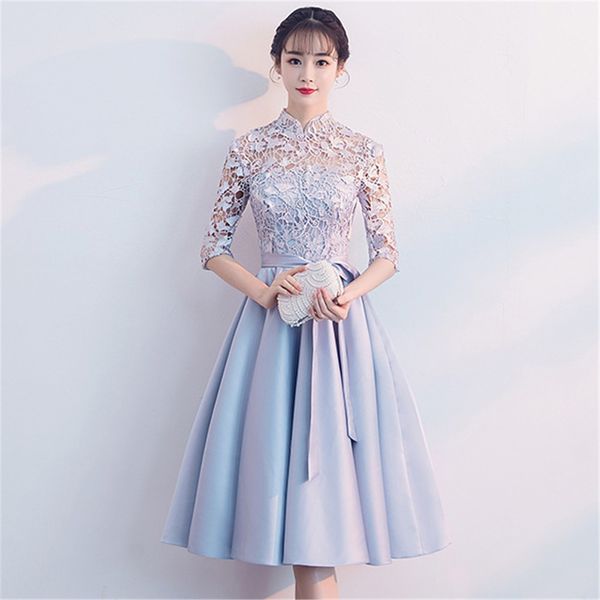 

bow blue women qipao satin evening party gown luxury hollow out cheongsam chinese prom dress elegant lace short vestidos, Red