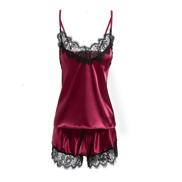 

pijamas for women lingerie women sleepwear satin pajama black lace v neck pyjamas sleeveless cute cami and short sleepwear, Black;red