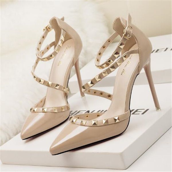 

new show thin cut-outs party sandals woman high heels shoes solid pu leather pointed toe fashion buckle women sandals, Black