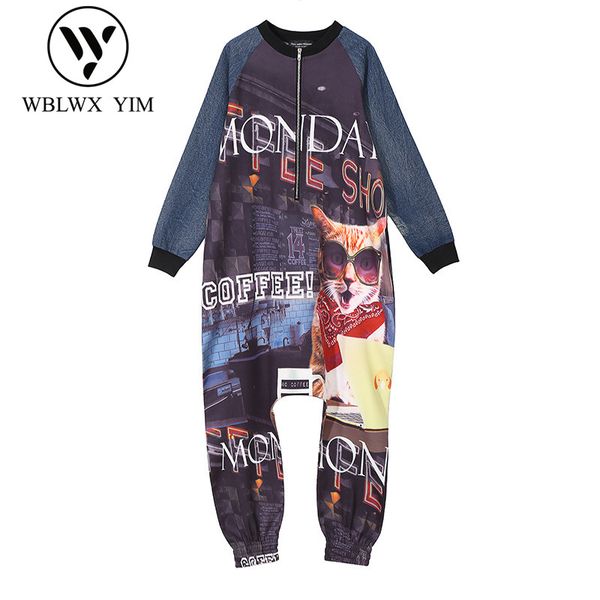 

jumpsuits for women autumn new fashion cartoon print long sleeve zipper jumpsuit womens streetwear casual plus size overalls, Black;white