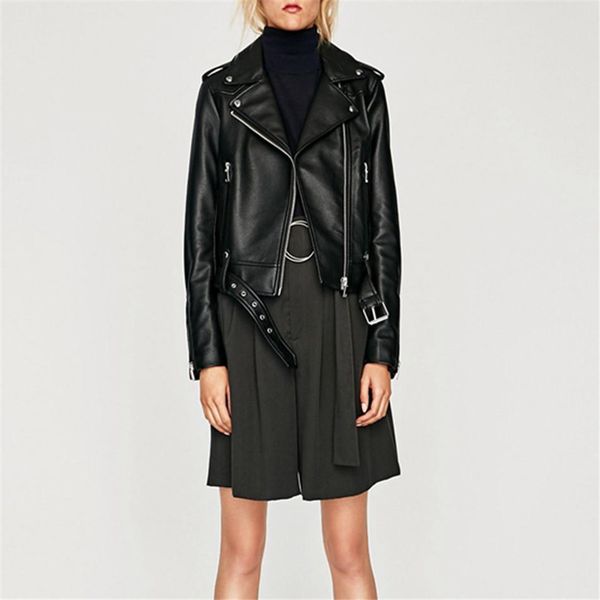 

кожаная куртка женщин pu искусственной кожи куртки личи шаблон lady пояса карманы черный zippers мотоцикл байкер пальто nz19.9-237, Black