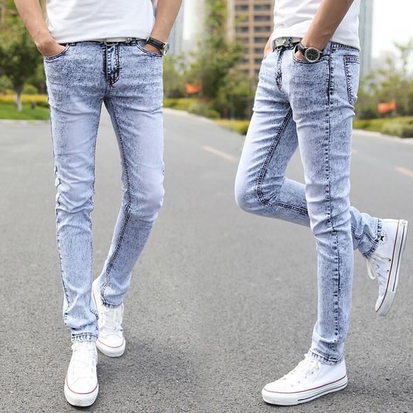 

2019 new men wear white jeans slim korean tidal tight skynny jeans, Blue