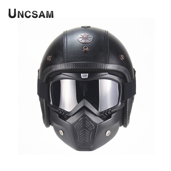 

a-pu leather off-road retro men's motorcycle helmet 3/4 open face mask detachable for haley