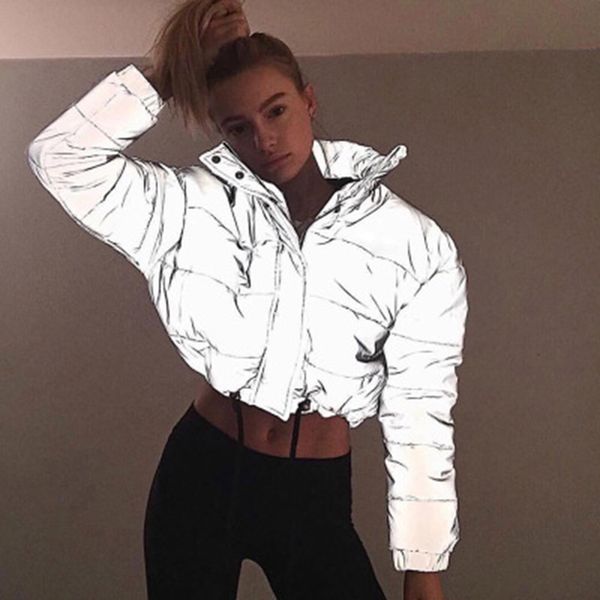 

short cropped thick reflective zipper hiking jacket women 2019 fall winter windbreaker bomber women hiking jackets coats, Blue;black