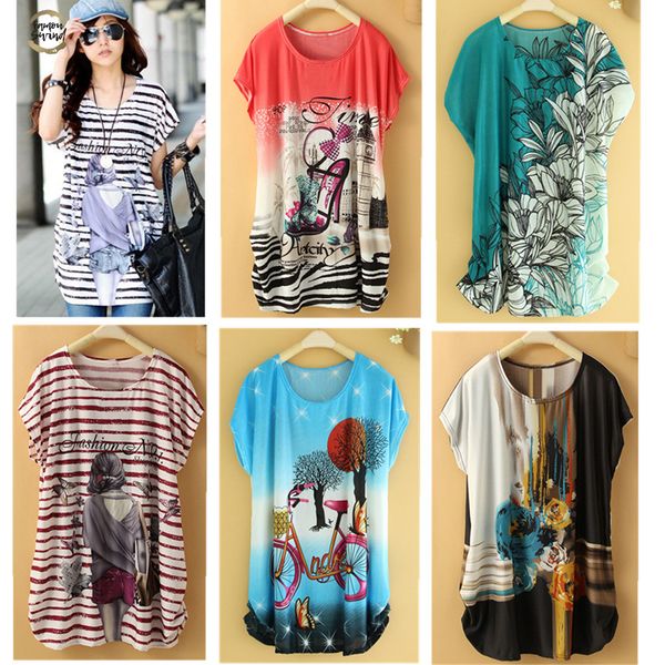 

new fashion t shirt women summer short mouw long print flowers plus size teas big woman clothes womens clothes, White
