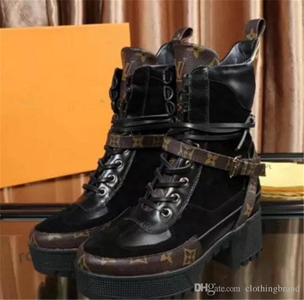 

2018 branded women leather 5cm platform desert boot designer chunky ankle canvas boots box packing size35-41, Black