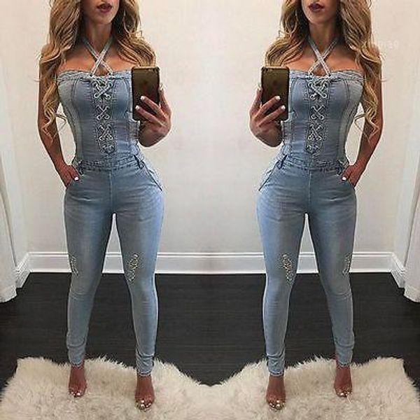 

2017 new fashion summer bandage women fashion denim jeans bib pants overalls straps jumpsuit rompers trousers1, Blue