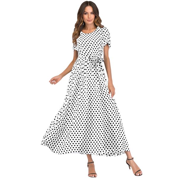 

2019 casual summer dress xxxl 4xl 5xl plus size women long polka dot dress short sleeve high waist tie vintage beach maxi, Black;gray