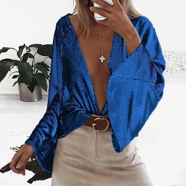 

blusas mujer de moda 2019 женщины с длинными рукавами блестки глубокий v заплатки вскользь нерегулярное пальто куртки tops, White