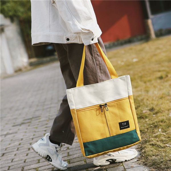

new style versatile students contrast color shoulder women's bag canvas bag korean-style casual hand double bib students shoppin