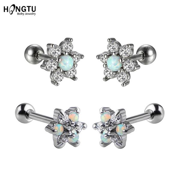 

hongtu 1pc opal ear tragus cartilage piercing crystal flower conch lobe earrings barbell piercing orelha ear stud helix, Golden;silver