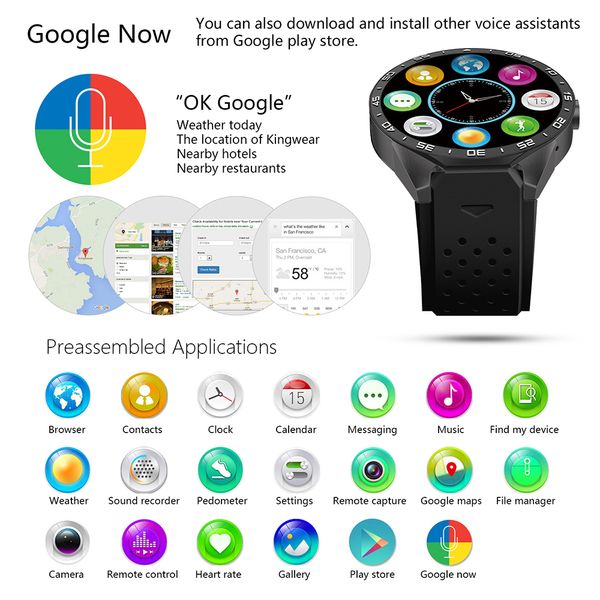 KW88 GPS Smart Watch Cardiofrequenzimetro Impermeabile WIFI 3G LTE Orologio da polso MTK6580 1.39