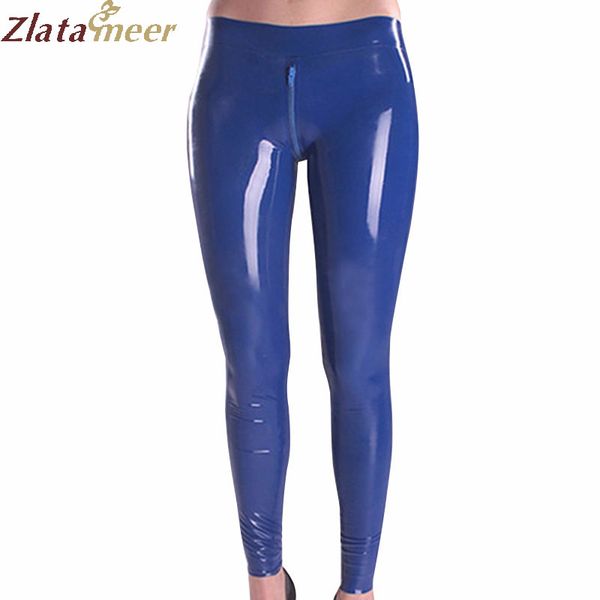 

women dark blue trousers latex pants crotch zipper legging ltw057, Black;pink
