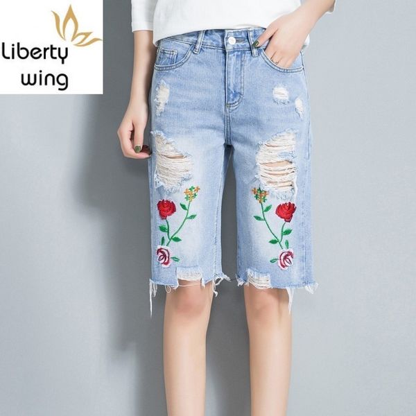 

women's jeans woman summer fashion casual knee-length jean pants hole ripped embroidery floral denim trouser women plus size, Blue