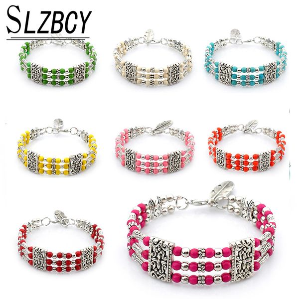 

bohemia antique silver color leaf charm bracelets bangles multilayer natural stone strand wide bracelet ethnic women jewelry, Golden;silver