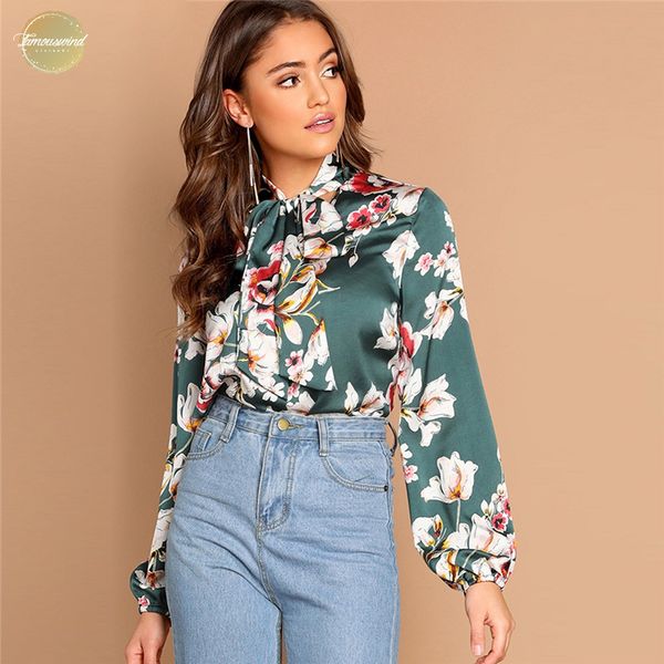 

цветочные tie neck зеленый воротник стойка с длинным рукавом блузка modern lady spring женщины streetwear осень минималистский блуза, White