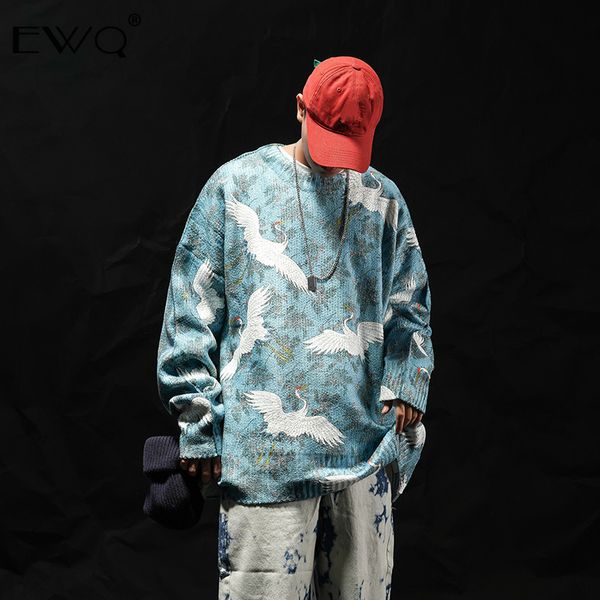 

ewq / men's clothing 2019 autumn winter fashion sweater male tide oversize loose pullover round neck knitting for men 9y206, White;black