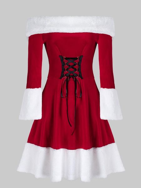 

rosegal christmas dresses women off shoulder lace up faux fur panel velvet a line dress long sleeve red festival party dress 5x, Black;gray