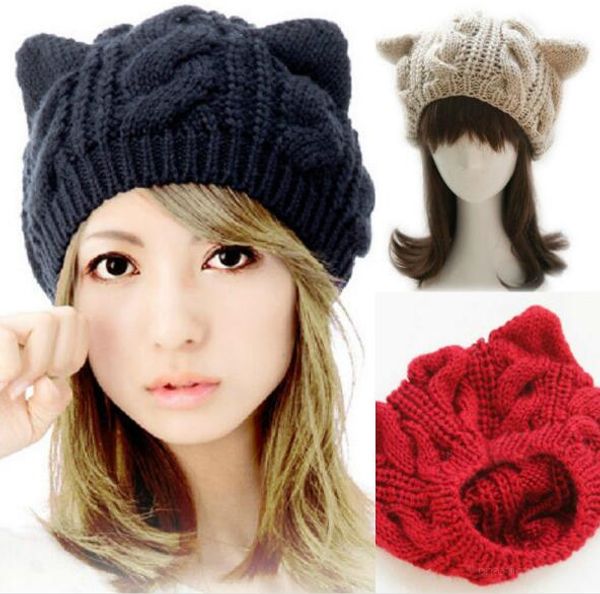Бесплатная доставка моды корейских женщин леди рога дьявола кошачий ухо плетеный вязать лыжная шапка шерстяная шапка шапка зима теплый берет WL749