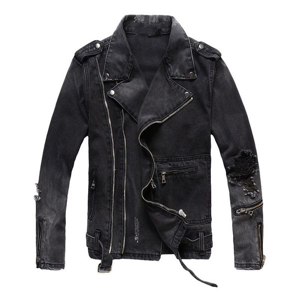 Unique Mens More Zipper Black Denim Jackets Ripped Fashion Designer Slim Fit Streetwear Motorcycle Biker Epaulet Jeans Jacket Coat 403
