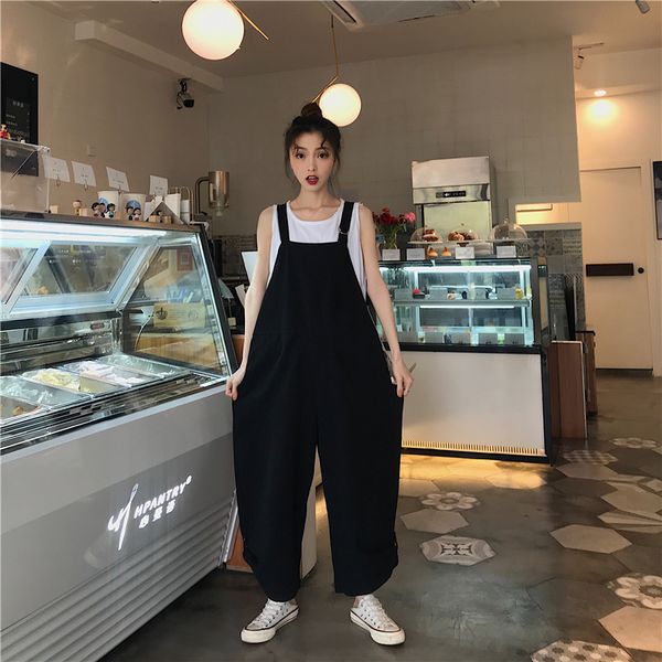 

spring autumn chic loose overalls pockets elastic waist casual korean style high pants women's clothing capris moda feminina, Black;white