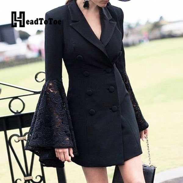 

women elegant notched collar double breasted long blazers ladies lace patchwork flare long sleeve casual blazers workwear, White;black