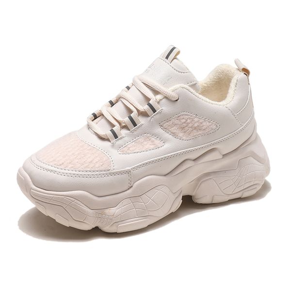 

casual shoes fashion chunky sneakers warm plush mesh winter walking shoes lace up thick bottom women woman sneakers, Black