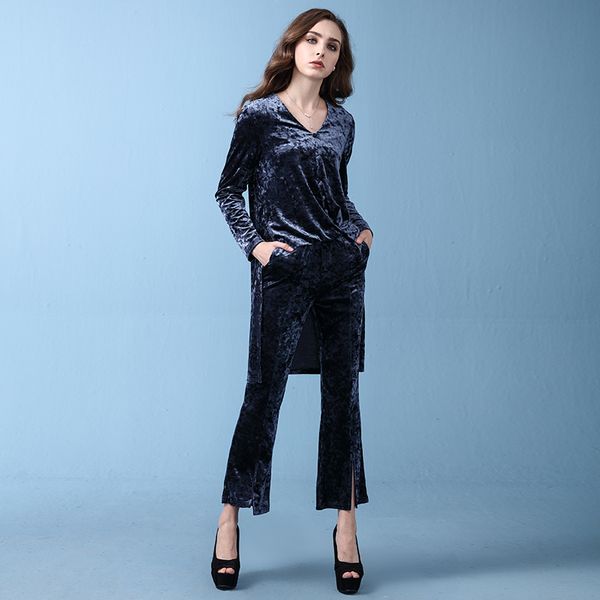 

ljqlion двухкусочный outfit velvet набор для женщин высокой талией с длинным рукавом сексуальных женщин костюмы женский костюм set авокадо, Gray