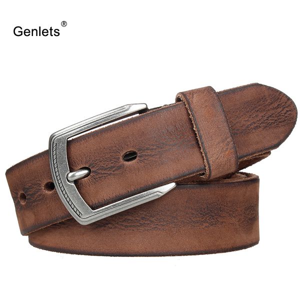 

luxury handmade men's genuine leather belt vintage pin buckle brown color belts for men jean's cowhide strap fashion cinto, Black;brown