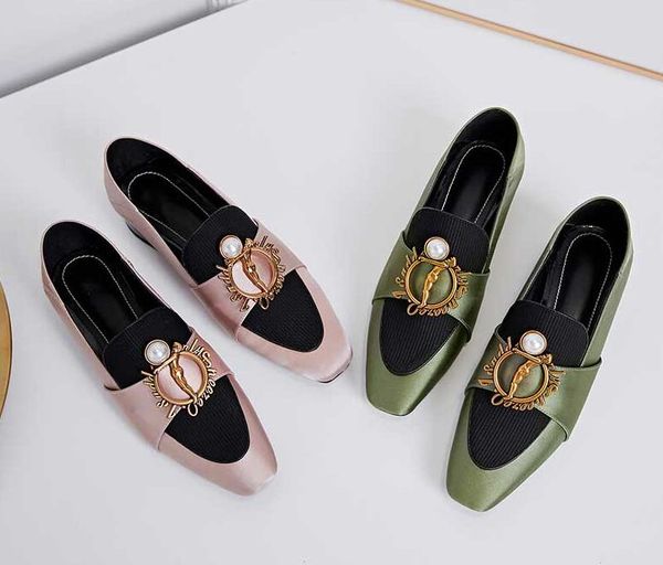 

women vintage loafers pearl metal round buckle lady square toes fresh shallow mouth lady office dress party shoes, Black