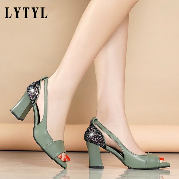 

2020 summer comfortable ladies high heel sandals women shoes hollow peep toe square heel sandals woman block shoes -15, Black